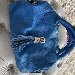 Chic Blue Leather Shoulder Bag with Tassel